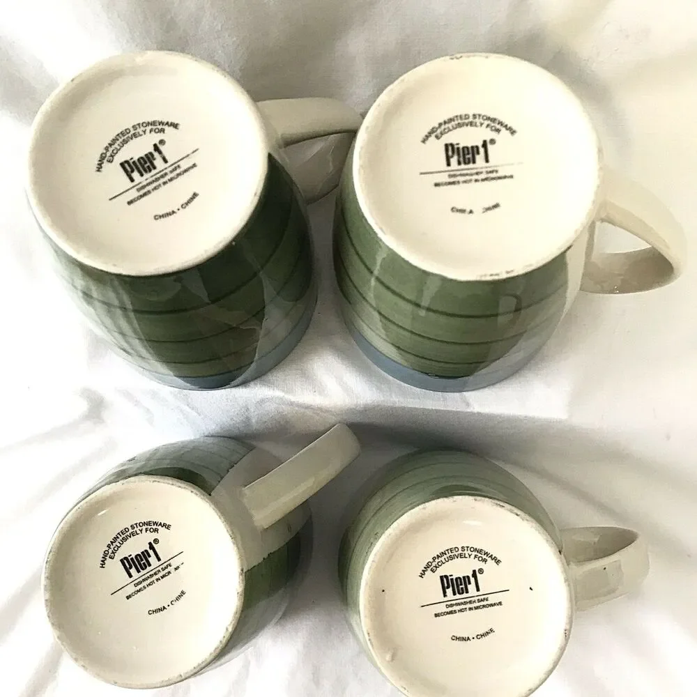 Pier 1 Stoneware Mugs Coffee Tea 4 Set RETIRED Stripe Blue Green Cabincore Beach
